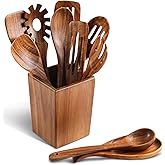 NAYAHOSE Wooden Spoons for Cooking, 11 Pcs Wood Cooking Utensils Set with Holder, Natural Acacia Wooden Kitchen Tools, Nonstick Cookware, Easy Clean, Kitchen Utensil Set for Mom, Wife Cooking Gifts