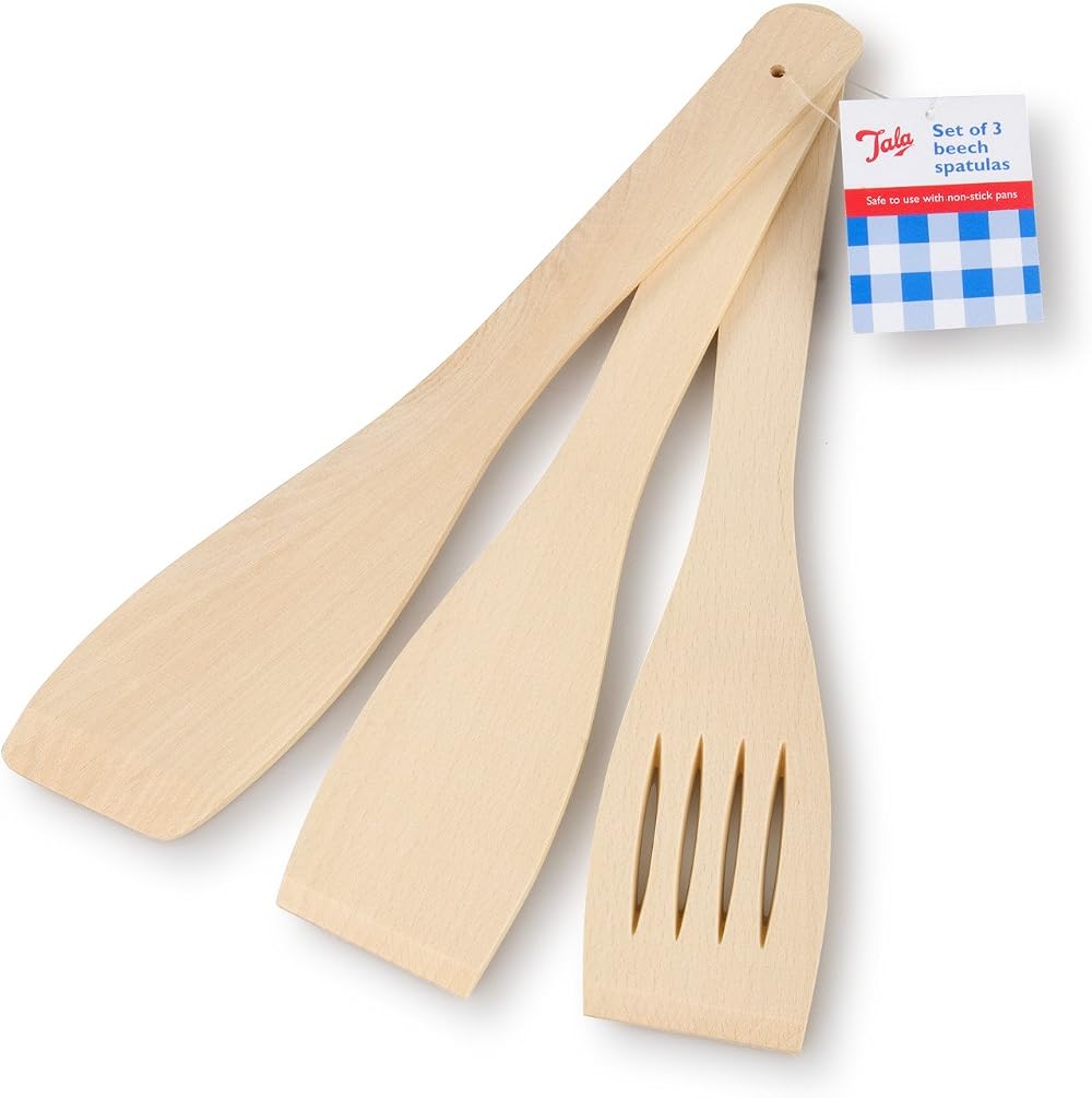 Tala Beechwood 3 Piece Spatula Set Rounded Flat Slotted Non-Stick Safe