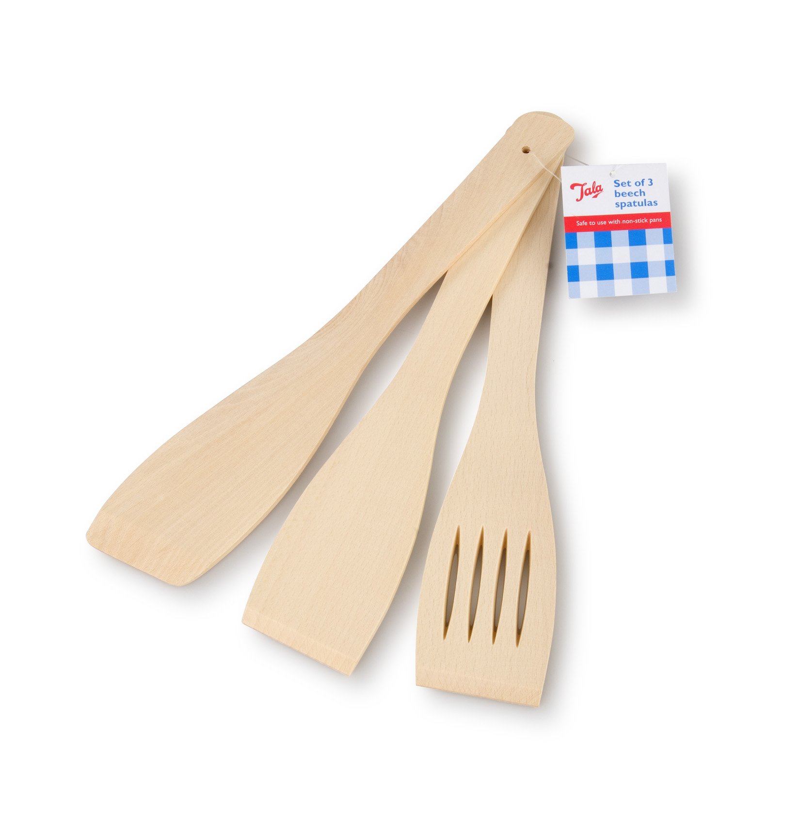 Tala Wooden Spatula Set 3 Piece Beechwood Utensil Set, Includes Rounded Spatula, Flat Spatula & Slotted Spatula Durable & Safe for Non-Stick Cookware, Beige