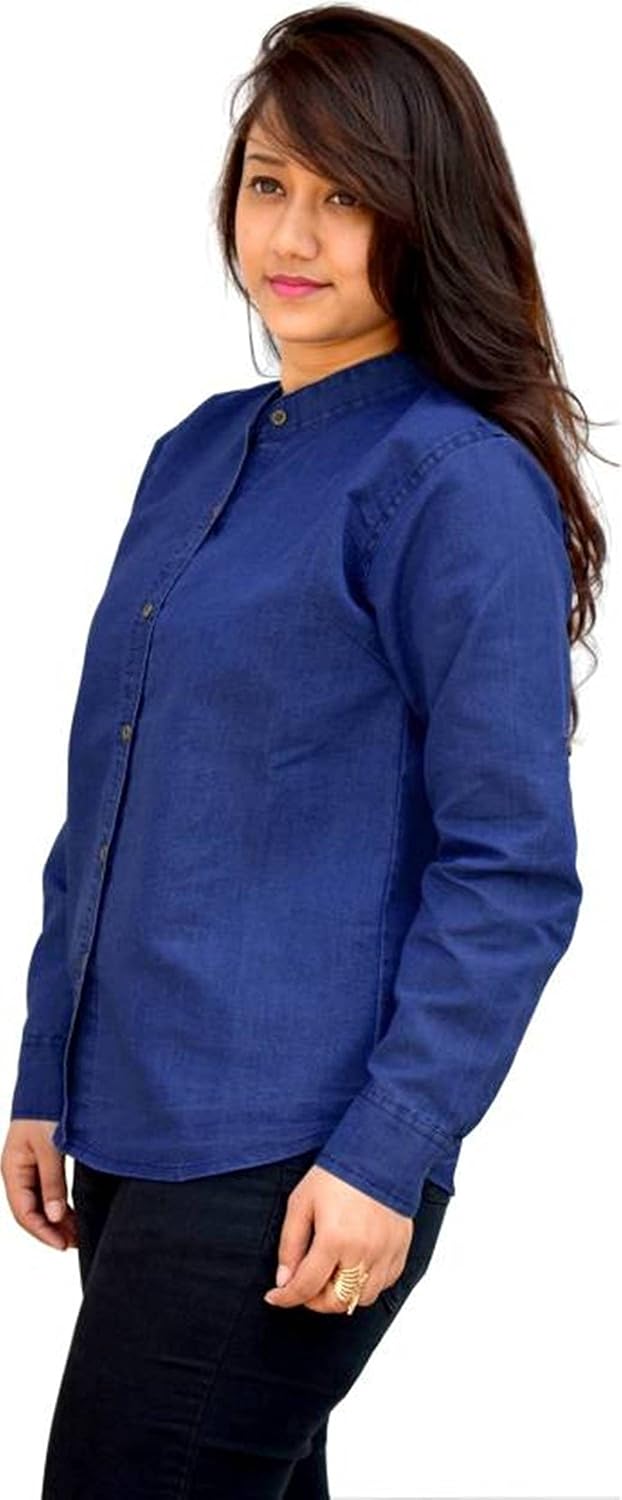 trendy frog women long sleeve solid denim shirt top, blue
