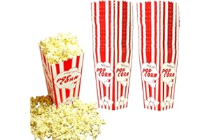 SALBREE 30 Movie Night Popcorn Paper Boxes Buckets 7.75 Inches Tall Large Box & Holds 46 Oz Old Fashion Vintage Retro Party Design Red & White Colored Nostalgic Carnival Stripes Bags & Tubs various qty avail