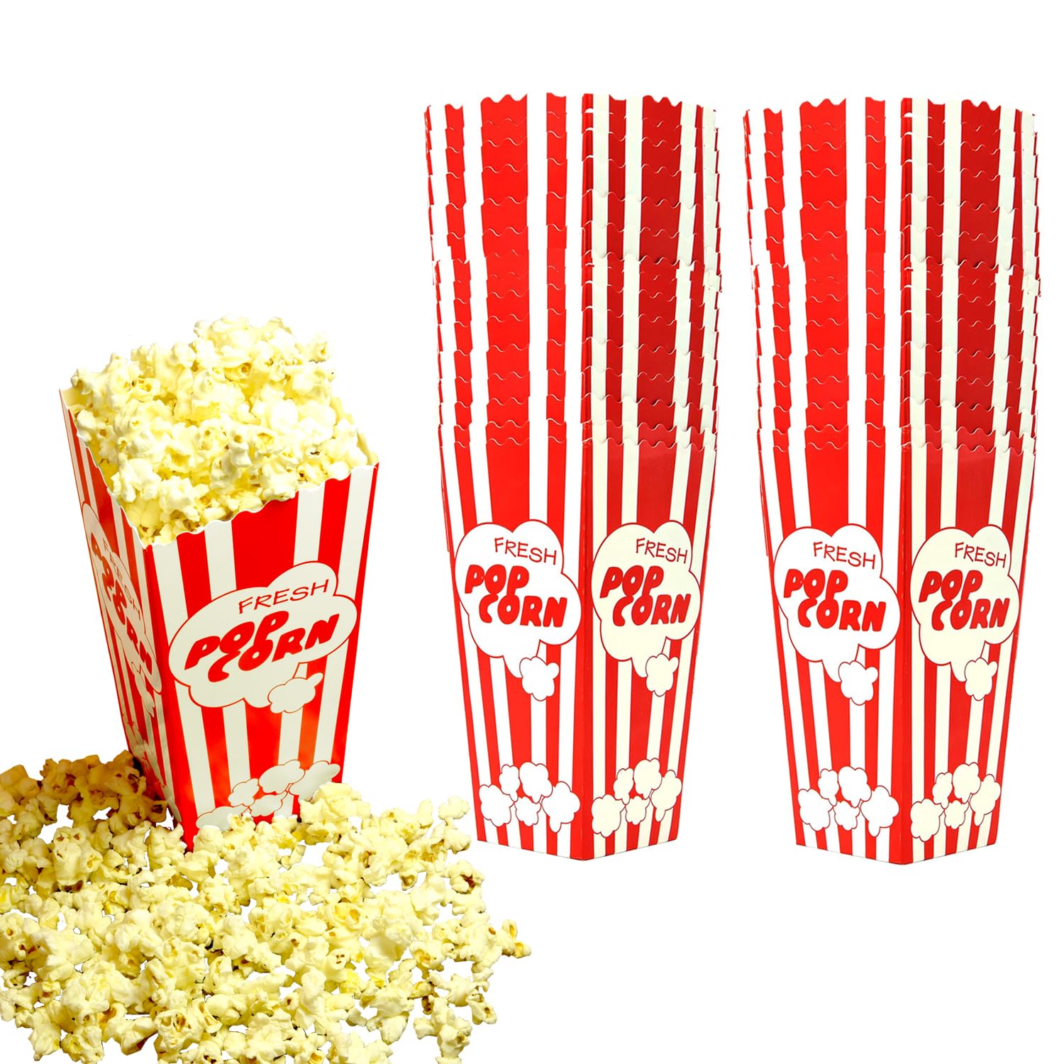 Photo 1 of ** FACTORY SEALED**30 Movie Night Popcorn Paper Boxes Buckets 7.75 Inches Tall Large Box & Holds 46 Oz Old Fashion Vintage Retro Party Design Red & White Colored Nostalgic Carnival Stripes Bags & Tubs various qty avail