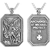 Men'S Religious Catholic Patron Saint Archangel Michael Dog Tag Pendant Necklace, 316L Stainless Steel, Silver Stainless Steel Square Pearl Chain, Vintage Jewelry