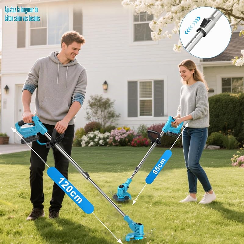 Débroussailleuse Electrique sans Fil 21V, Coupe Bordure sans Fil avec 2 Batteries 2.0Ah, 2 Types de Metal Lames Débroussailleuse Batterie, Sécateur de Jardin, Poignée Réglable pour Élagage (Bleu)