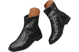 Women's Ankle Boots Glitter Classic Round Toe Comfortable Low Chunky Heel Sequin Short Boots Ladies Fashion Side Zipper Outdo