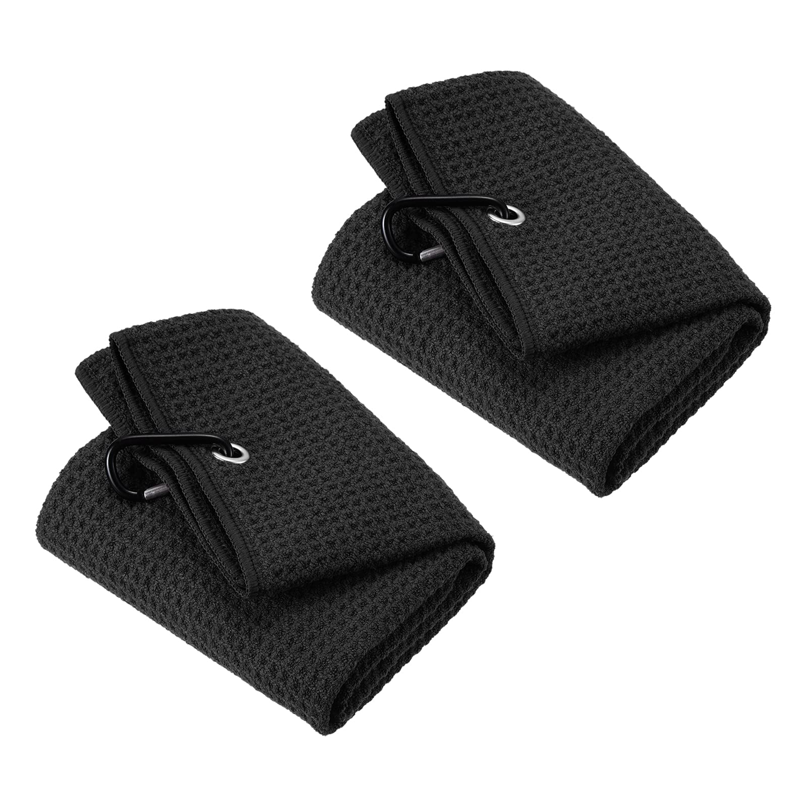 PATIKIL 20"x16" Tri-Fold Golf Towels, 2 Pack Waffle Pattern Towels Soft Fiber Strong Water Absorption with D Clip for Golf Lovers, Black