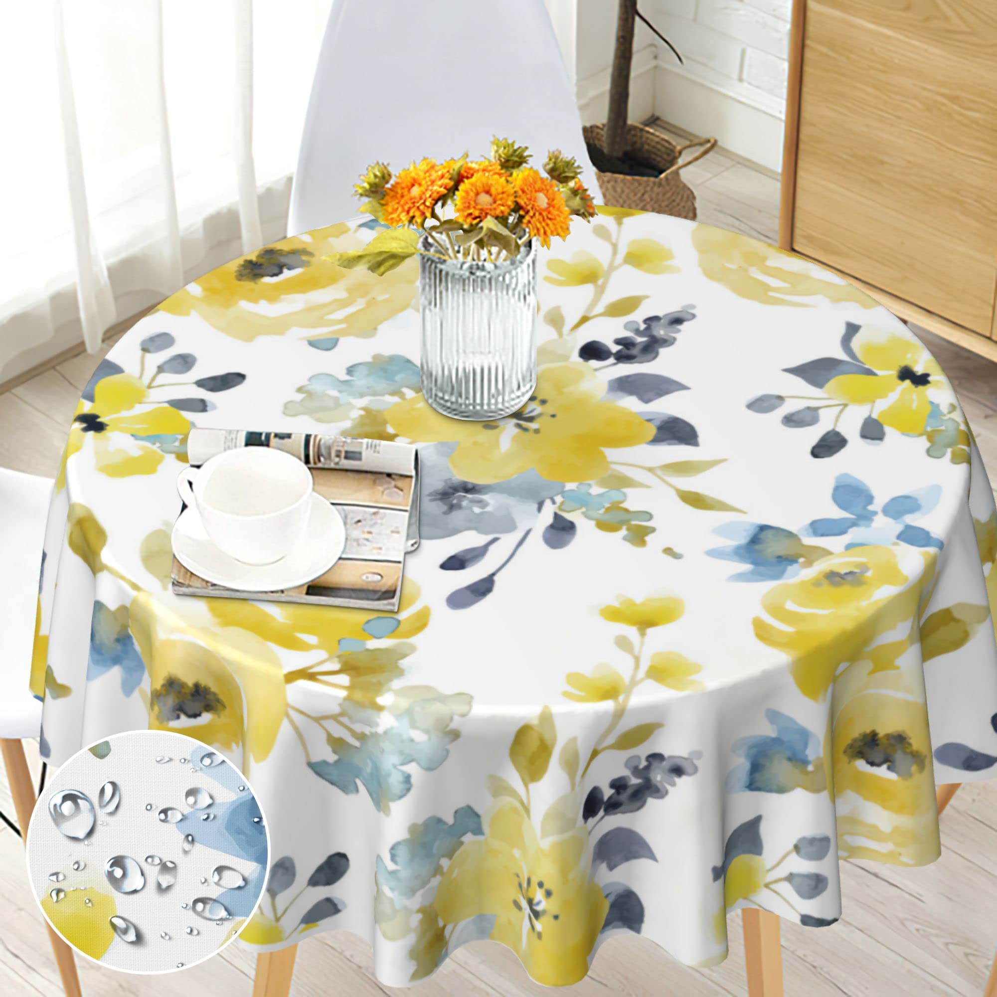 Round Tablecloth Wipe Clean 150cm - Watercolor Yellow Floral Pattern - Wipeable Circular Table Cloth Waterproof Polyester Table Cover for 4-6 Seater Dining Kitchen Patio Garden Party Outdoor