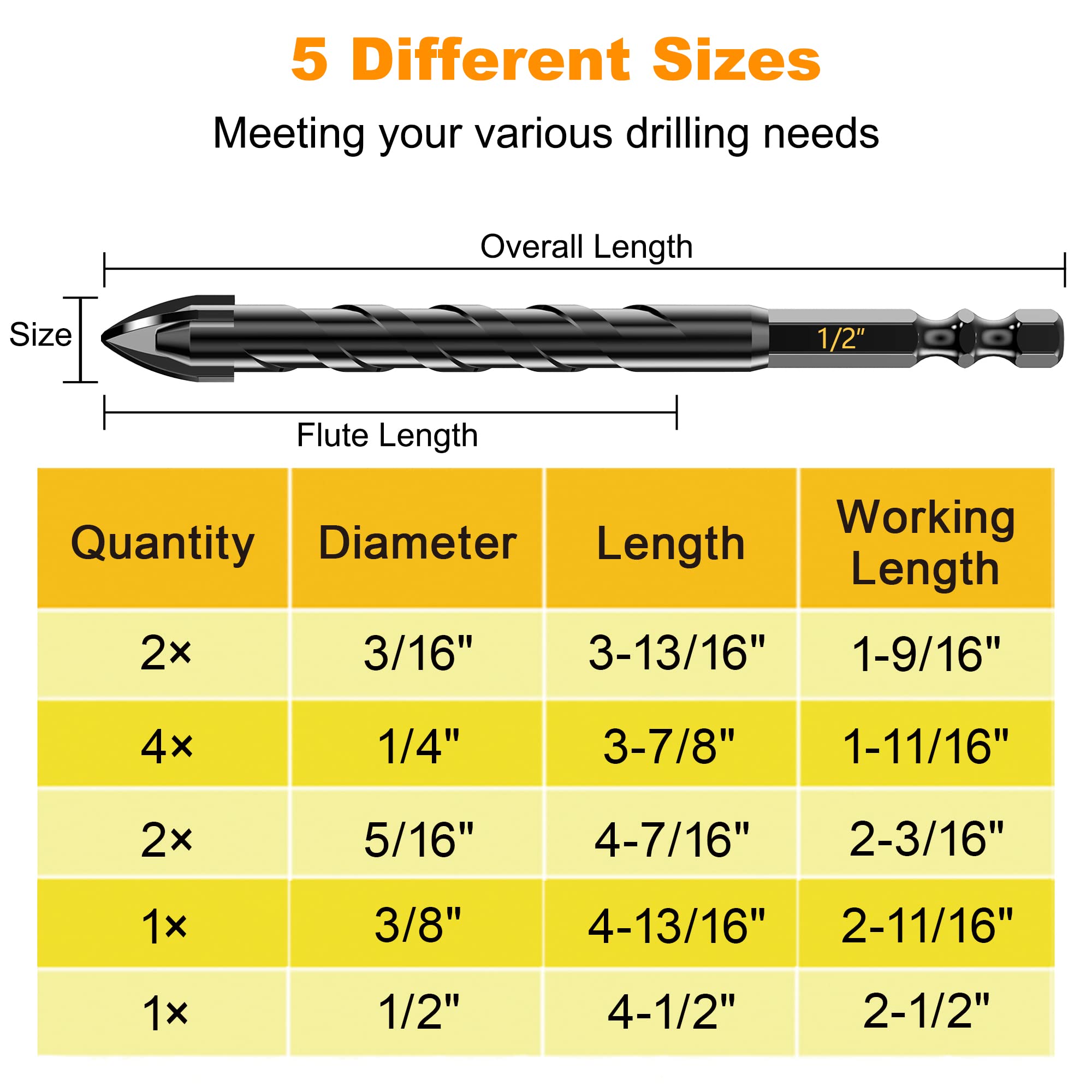 Masonry Drill Bit Set - Cement Drill Bit, Professional Concrete Drill Bit Set (10PCS) for Glass/Brick/Cement/Tile/Etc, Industrial Strength Carbide Cross Drill Bit Tip, 3/16