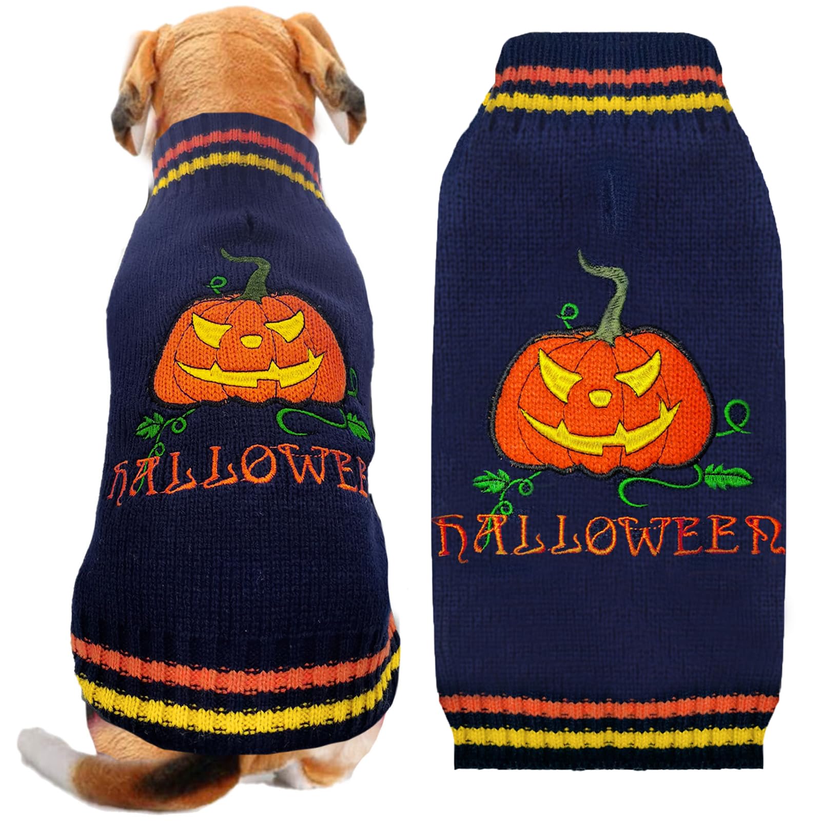 ABRRLO Halloween Dog Jumpers Pumpkin Sweater Dog Halloween Costumes Puppy Cat Turtleneck Knitwear Winter Warm Pet Clothes Funny Holiday Party Outfit Apparel for Small Midum Large Dogs(Blue,XL)