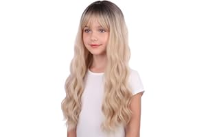 WAVELNM Kids Ombre Blonde Wig with Bangs Black to Blonde Child Wigs Long Wavy Dark Root Wig for Girls Synthetic Wigs for Daily Party Halloween Cosplay Use
