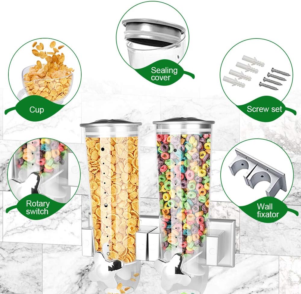 Wall Mount Dry Food Dispenser/Double Cereal Dispenser, Convenient Storage Dual Control for Cereal Nuts Beans Trail Mix Candy Granola Rice Pasta Container 7.5oz Each Cereals Bank: Kitchen & Dining