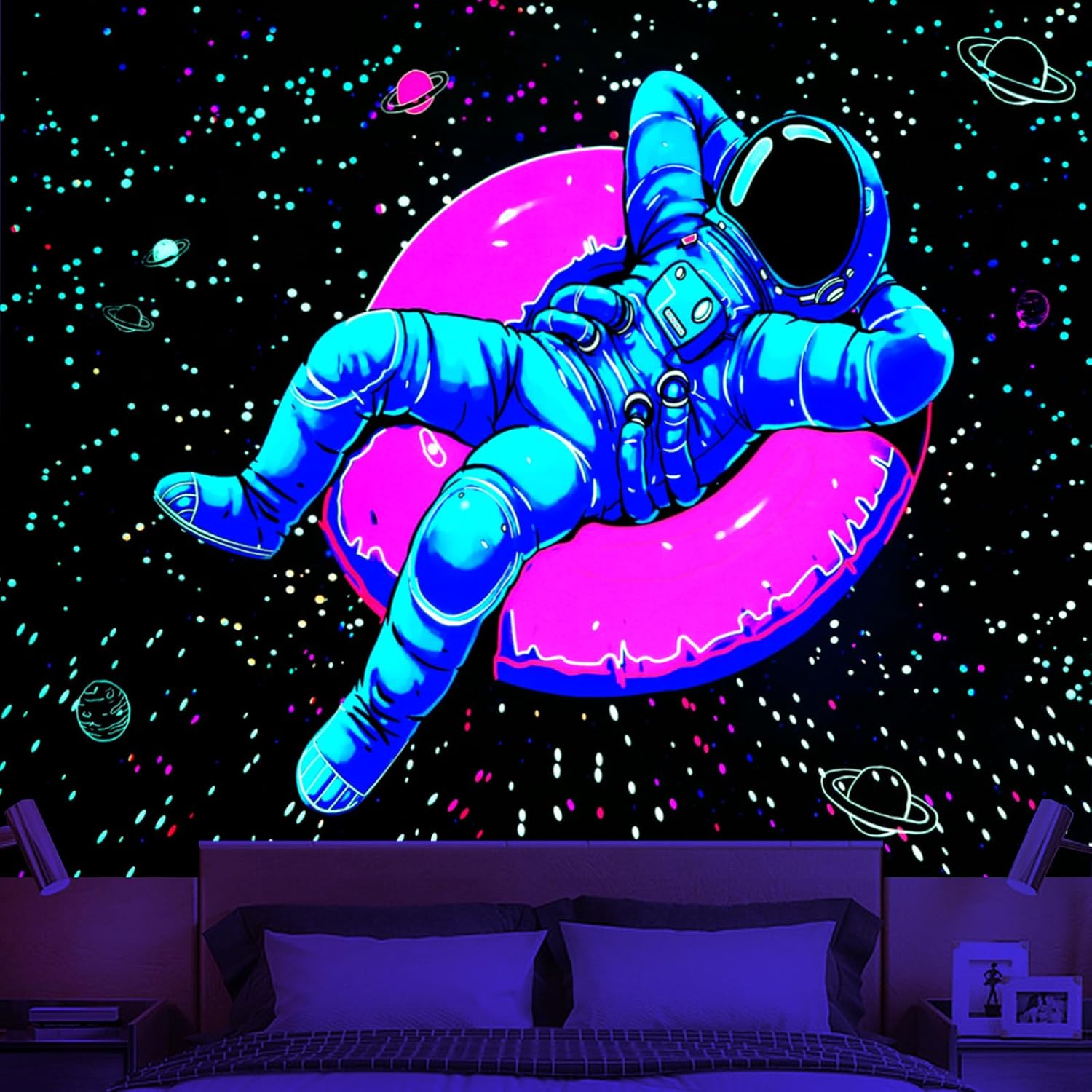 Tapestries - Blacklight Space Astronaut Tapestry for Men Guys Bedroom Black Light Cool Stars Galaxy Tapestries Glow in The Dark Spaceman and Donut Wall Hanging Bedroom Accessories Men 52
