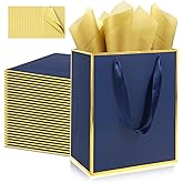Addblu 28 Pack Bulk Luxury Gift Bags with Handles, Medium Size 9x7x3.15 Inches - Includes 28 Tissue Papers for Wedding, Birthday, Baby Shower, Thanksgiving, Christmas, & Party Favors (Navy Blue with Gold Foil Trim)