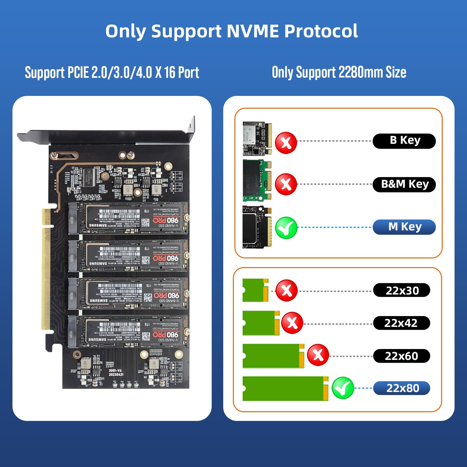 pcie4.0 x16 to m.2 m-Key nvme x 4 ssd Expansion Card with Heatsink，Supports 4 NVMe M.2 2280 up to 256Gbps，M2 Adapter Card 2280 Driver Free. Bifurcation Required…
