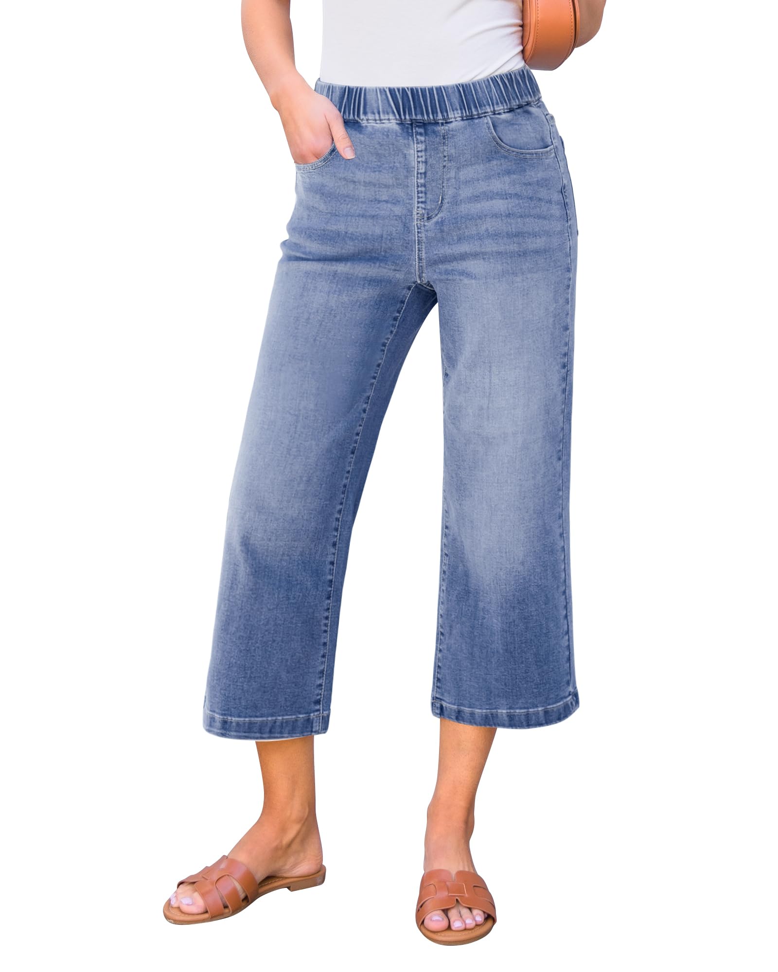 Photo 1 of GRAPENT Womens Capri Pants Denim Wide Leg Cropped High Waist Elastic Waist Tummy Control Pull On Jeans Trendy for Summer Color Timeless Blue Large Size 12 to 14