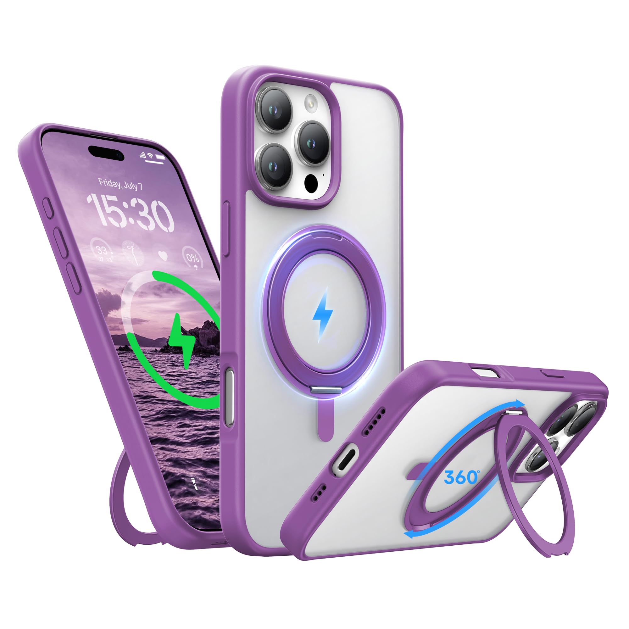 Niunisi Stand for iPhone 16 Pro Case, [Compatible with Mag Safe] 360° Rotatable Ring Holder Kickstand Military Shockproof Protective Case for iPhone 16 Pro 6.3 Inch, Purple