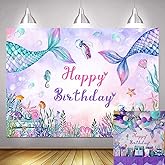7x5ft Mermaid Happy Birthday Backdrop Marine Biological Background Fish Tail Coral Under Sea Photography Decoration Princess Girl Ocean Mermaid Theme Birthday Party Banner Supplies