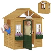 Qaba Outdoor Playhouse Wooden Kids Playhouse Functional Door Ages 3&ndash;8 Brown | Three Windows, Two Flower Boxes, Kids Cottage, Imaginative Play, Backyard Garden, Indoor Playroom