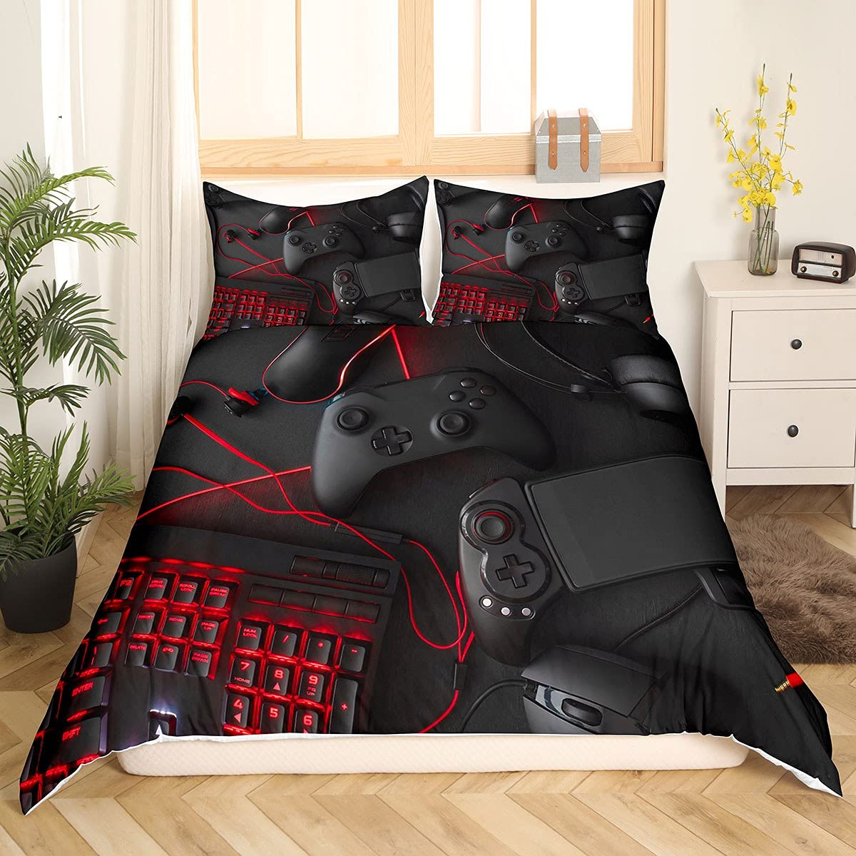 Homewish Gaming Comforter Cover, Modern, Sci-Fi Style, Gamepad Bedding Set, Game Console Duvet Cover for Teen Boys, Gamer, Video Game Controller Duvet Cover with Zips, 135 x 200 cm