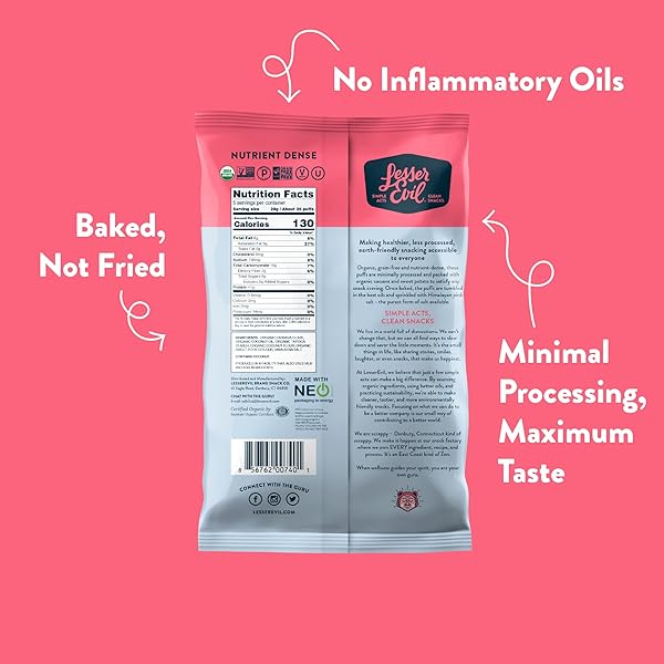 LESSEREVIL HIMALAYAN PINK SALT ORGANIC PALEO PUFFS, GRAIN FREE, VEGAN, MINIMALLY PROCESSED, NO VEGETABLE OIL, 5 OZ, PACK OF 3