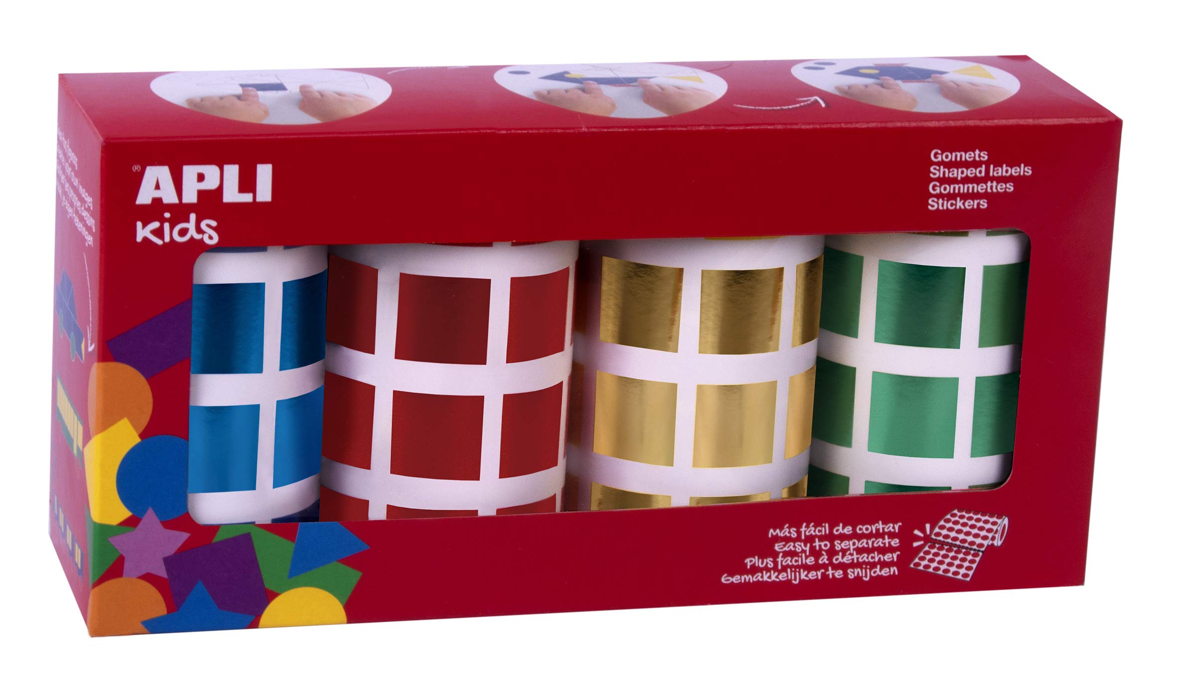 APLI Kids 18327-Pack Metallic Square Gomets Rolls 20 mm Blue, Red, Yellow and Green 4 u.