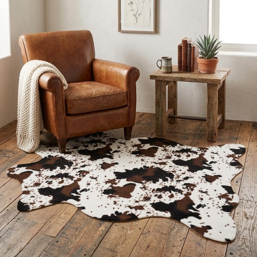 MustMat Brown Faux Cowhide Rug Western Cowboy 5.2'X4.6' Cow Print Fur Skin Area Carpet for Living Room
