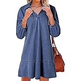 XQR Women's Collared V Neck Denim Dress 3/4 Sleeve Casual Loose Babydoll 2025 Short Jean Dress