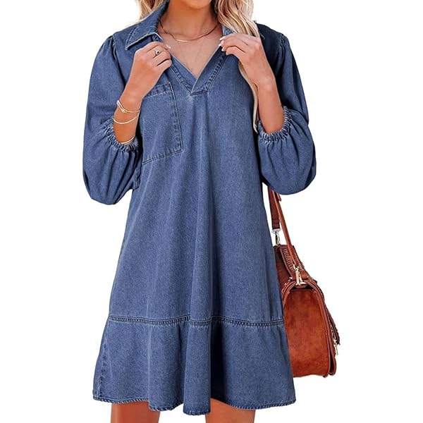 Dokotoo Womens Denim Dresses Casual Summer Long Sleeve Mini Jean