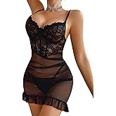 Avidlove Sexy Lingerie Lace Bodycon Dress Ruffle Underwire Mesh Floral Outfits Babydoll Lingerie Set with Thong