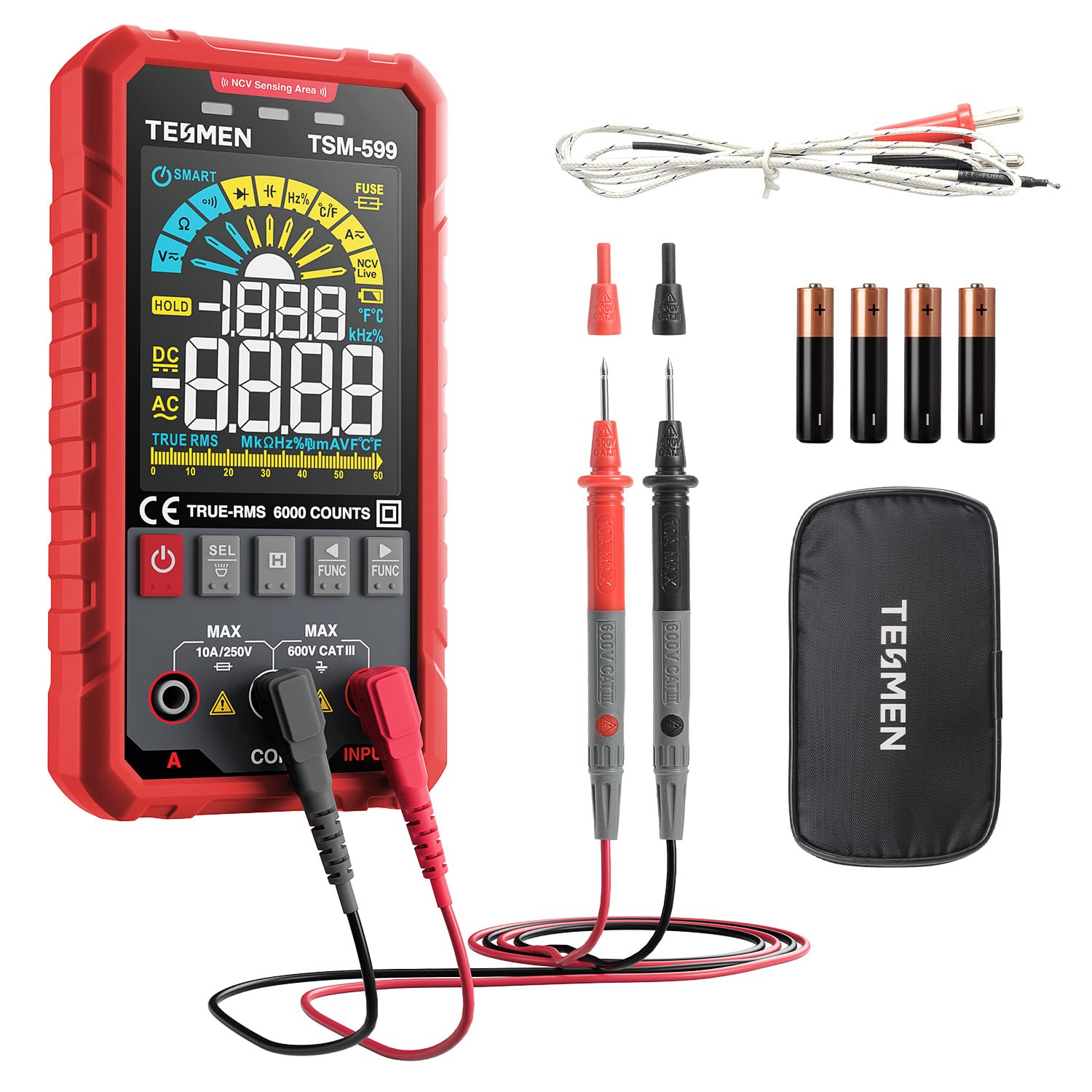TESMEN TSM-599 Smart Digital Multimeter, Auto&Manual Measurement, TRMS 6000 Counts, Voltmeter with NCV, Voltage&Current, Resistance, Continuity, Diode, Capacitance, Hz%, Temperature, Live Wire - Red Image
