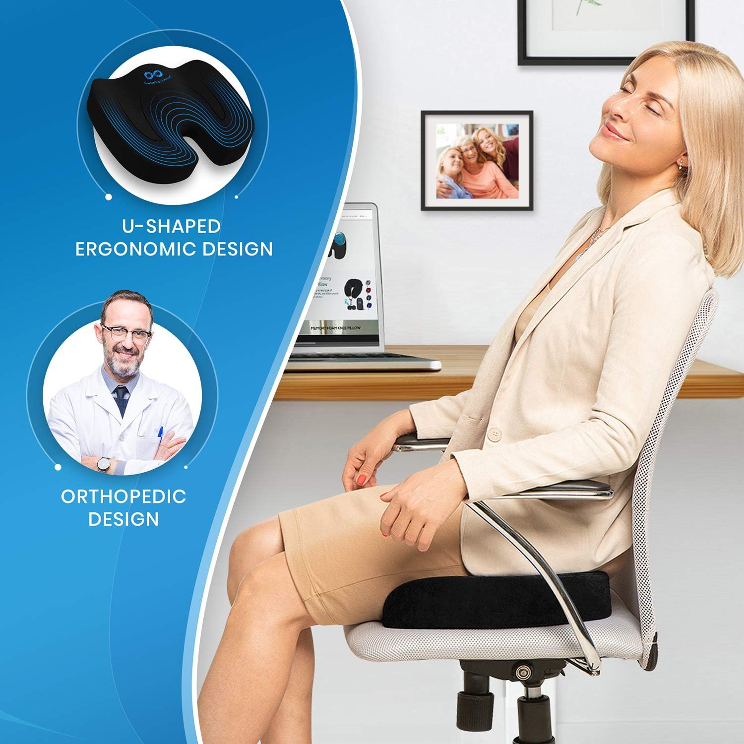 Everlasting Comfort Gel Infused Memory Foam Seat Cushion - Ventilated Design for Hip and Tailbone Pain - Office Chair and Car Seat Cushion - Coccyx Cushion - Sciatica and Back Pain Relief : Office Products