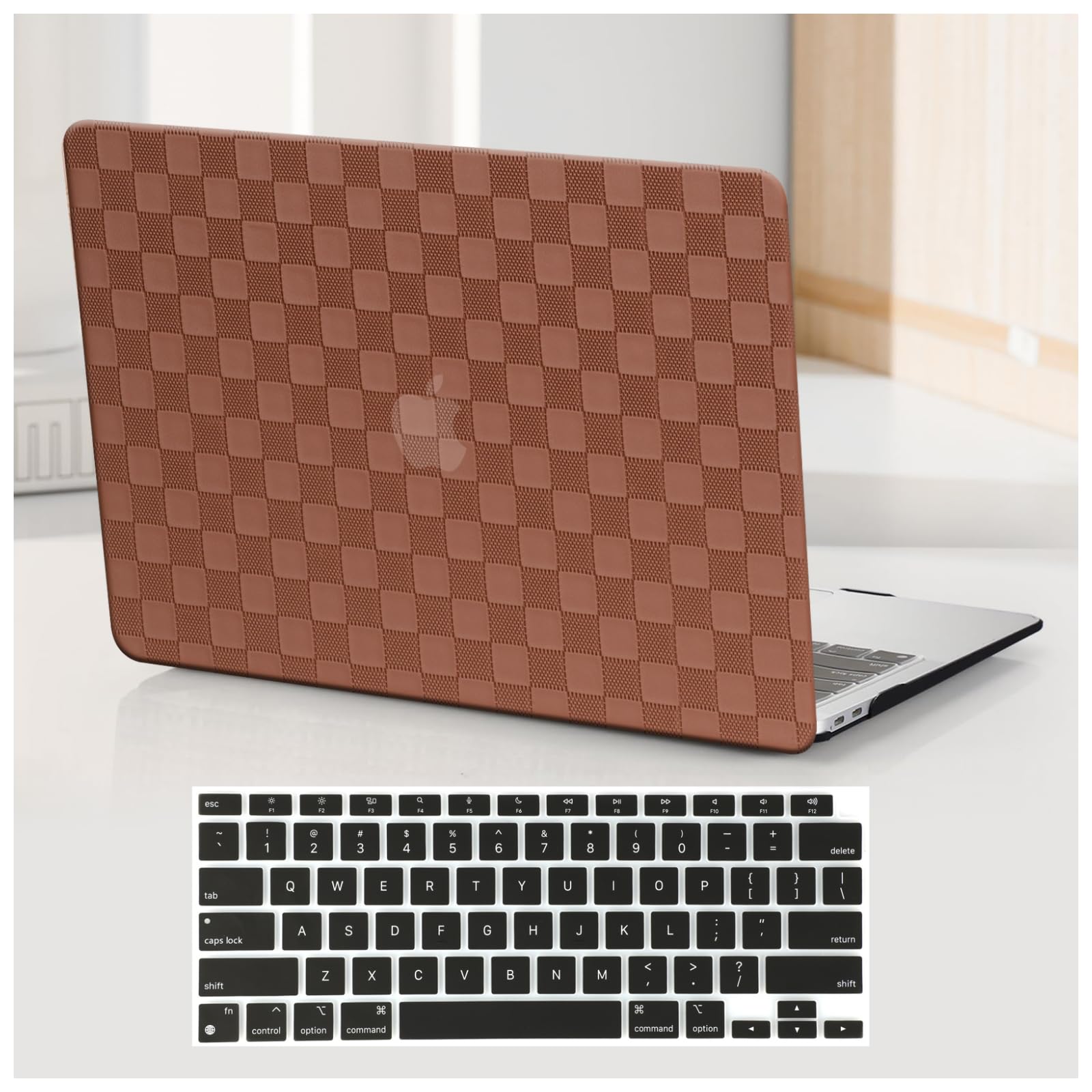 Photo 1 of BYCeKe for MacBook Pro 14 inch Case 2024-2021 M4 M3 M2 M1 A3112 A3185 A3401 A2918 A2992 A2779 A2442,Checkered Textured Cream Leather Hard Shell Case & Keyboard Cover for Mac Pro 14, Checkerd Brown