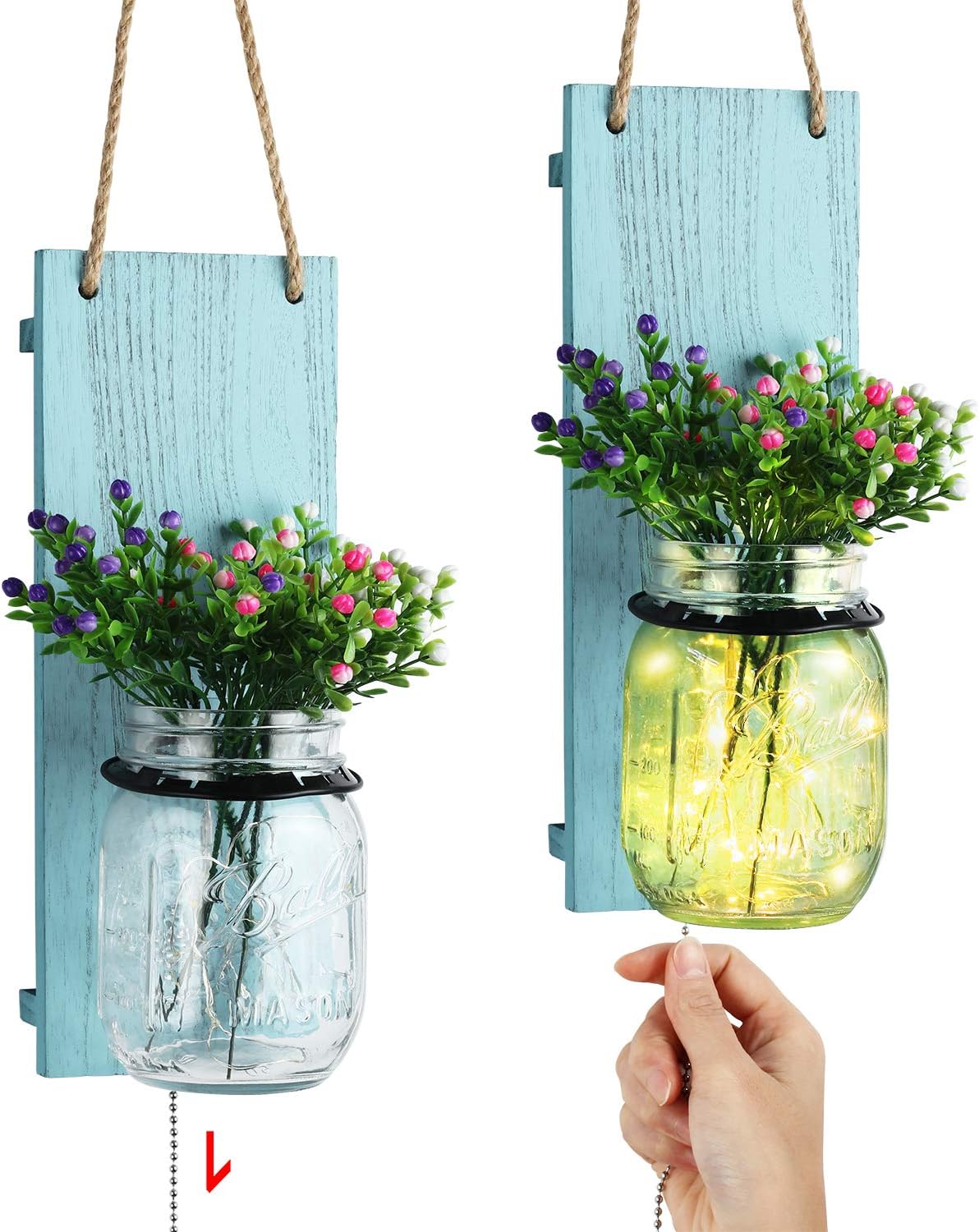 TJ.MOREE Decorative Mason Jar Sconce, Coastal Style Wall Sconce with Pull Chain Switch, Seasonal Interchangeable Colorful Flowers and LED Strip Lights Design for Farmhouse Home Decor Set of 2 - Blue