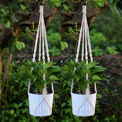 ecofynd Macrame Cotton Plant Hanger | Indoor Outdoor Handmade Hanging Basket Planter Flower Pot Holder, 35 Inch Boho Style Decorative Cotton Rope for Home, Porch, Balcony, Window (Ivory, Set of 2)
