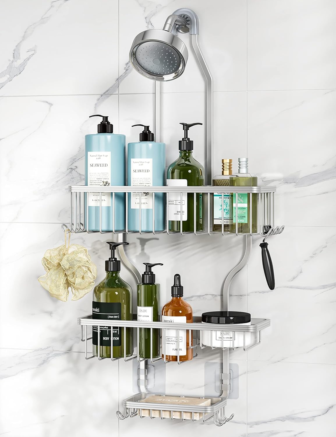Photo 1 of YASONIC Shower Caddy Hanging - Never Rust Shower Organizer - Aluminum Over The Head Caddy with 10 Hooks for Razor/Sponge - Rack with Soap Basket - Silver