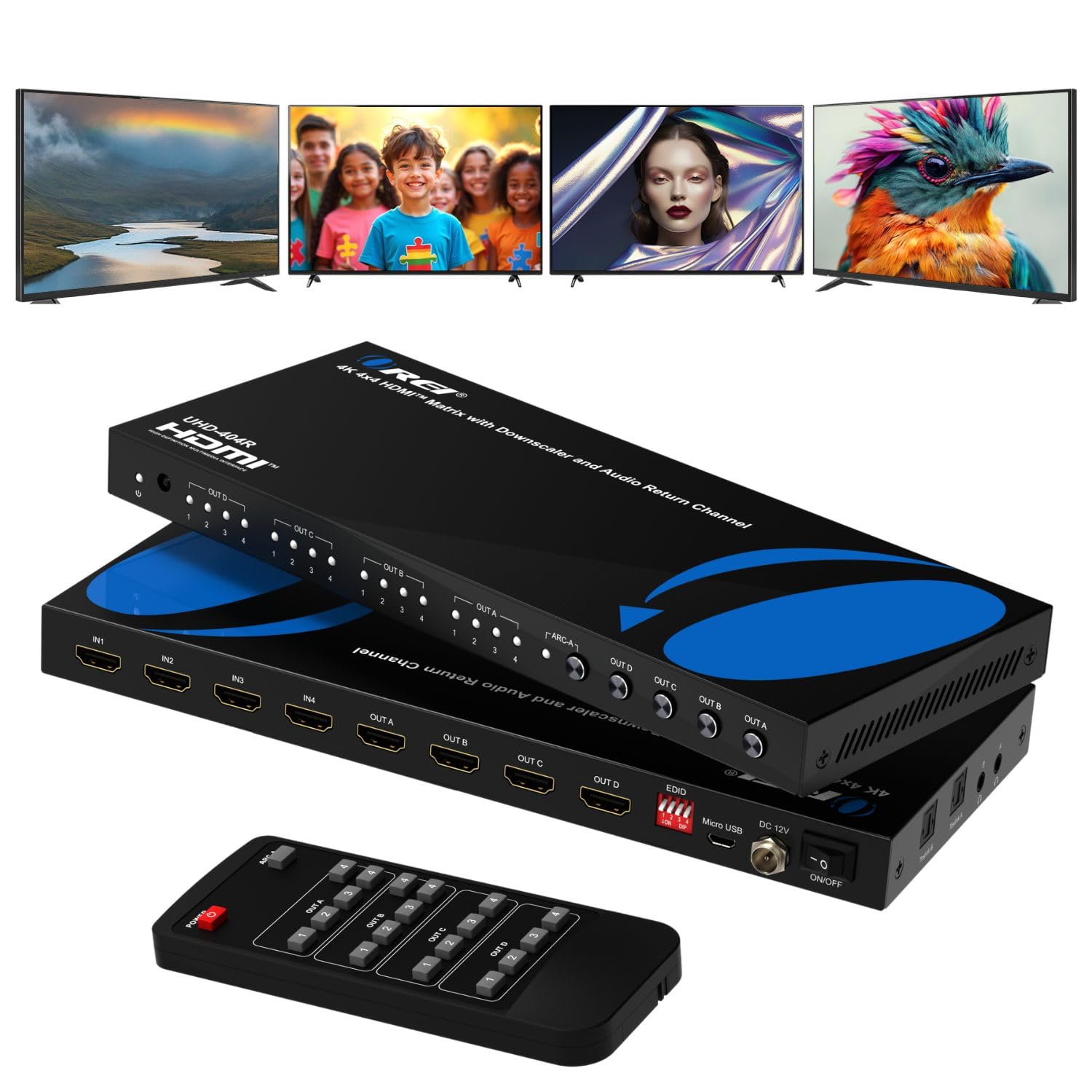 OREI 4K@60Hz 4×4 HDMI Matrix Switch with Downscaler & ARC, 18Gbps, HDCP 2.2, HDR, Audio Extraction (Optical & Analog), 4K-to-1080p Scaling, IR Remote (UHD-404R)