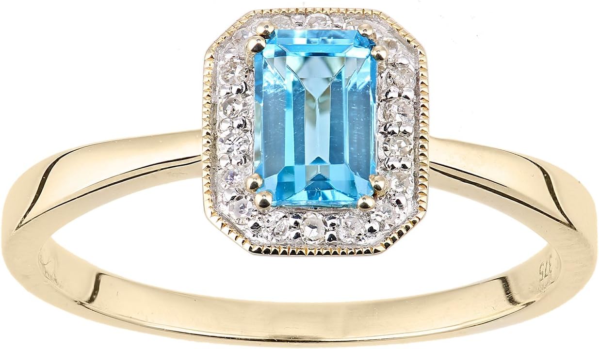 NaavaWomen's 9 ct Yellow Gold Round Diamond and Blue Rectangle Cut Topaz Ring