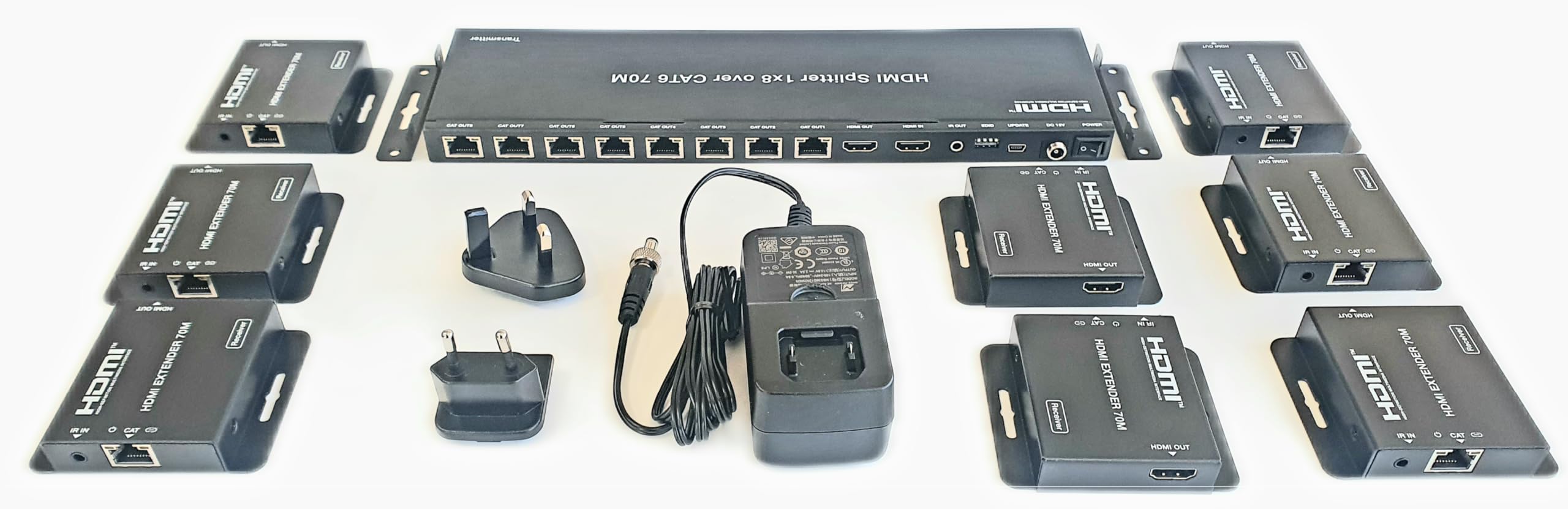 FOURKAY 1x8 1080p 70m HDMI Splitter over Cat5e/6/7 Extender with 8 PoC Receivers, HDMI Loop Out and Infra Red control of TV source from each remote display