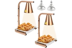 Restlrious 2 Sets of Food Heat Lamp Freestanding Commercial Food Warmer, Gold Stainless Steel 120V Electric Fan-Shaped Lampshade Food Heat Lamp w/250W Bulb & 1/2 Food Pan Each, for Buffet Food Service