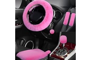 Wazzh 7PCS Set car Interior Aesthetic Accessories, Fluffy 15 inch Steering Wheel Cover, armrest pad, seat Belt Cover,Gear Shift Cover, Fit Girly car Accessories for Women.