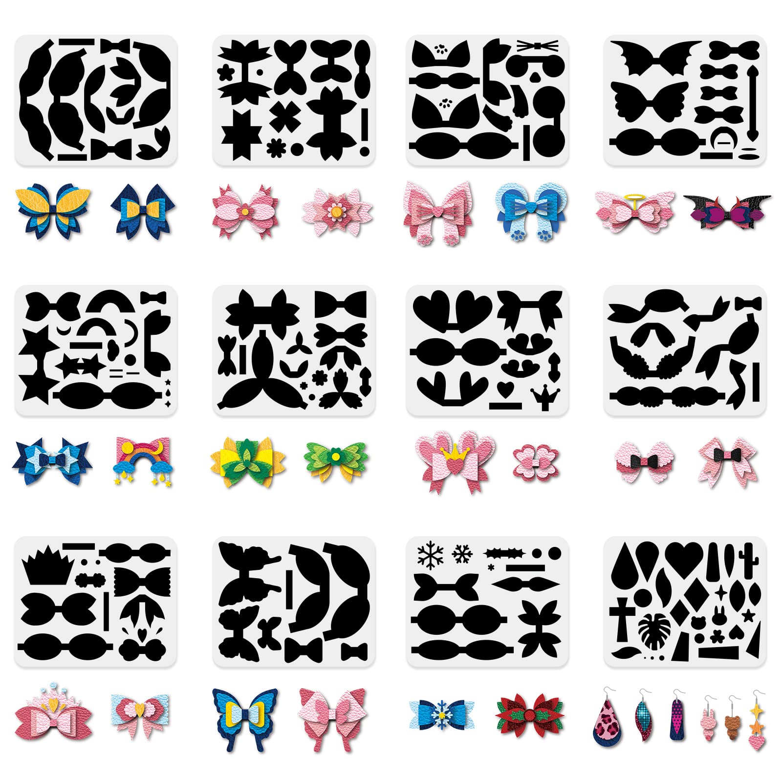 FINGERINSPIRE 12 Sets Plastic Bows Tie Making Template, Earrings Dies Making Stencils 25x20cm Cat Ears Crowns Little Devils Bows Stencil for Card Making, Hairpin, Earrings and DIY Craft Making