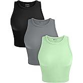 OLCHEE Womens 3 Pack Crop Tank Tops Basic Seamless Ribbed Round High Neck Racerback Workout Top Summer Causal Yoga Gym Shirts