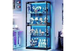 AMERLIFE RGB Display Cabinet with Adjustable Glass Shelves, 4-Tier Storage Case with LED Lights & Press-to-Open Doors, Modern Display Shelf for Collectibles, Black 70" H×32" L×16" D