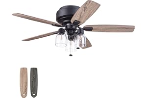 Prominence Home Magonia, 52 inch Farmhouse Style, Flush Mount LED Ceiling Fan with Light, Dimmable, Pull Chain, Dual Finish Blades, Reversible Motor - 51670-01 (Matte Black)