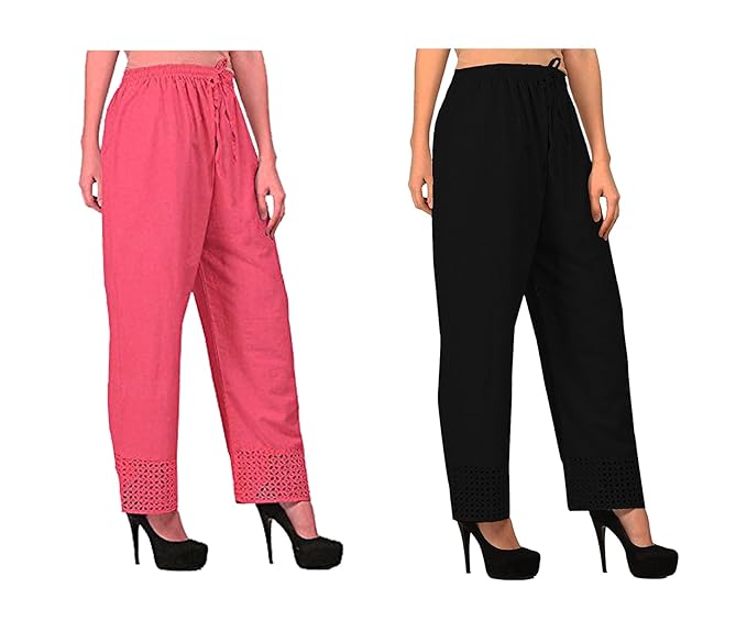 Women's Cotton Palazzo Designer Plain Casual Wear Palazzo for Women/Girl Combo Cotton Palazzo Color-Peach_Black
