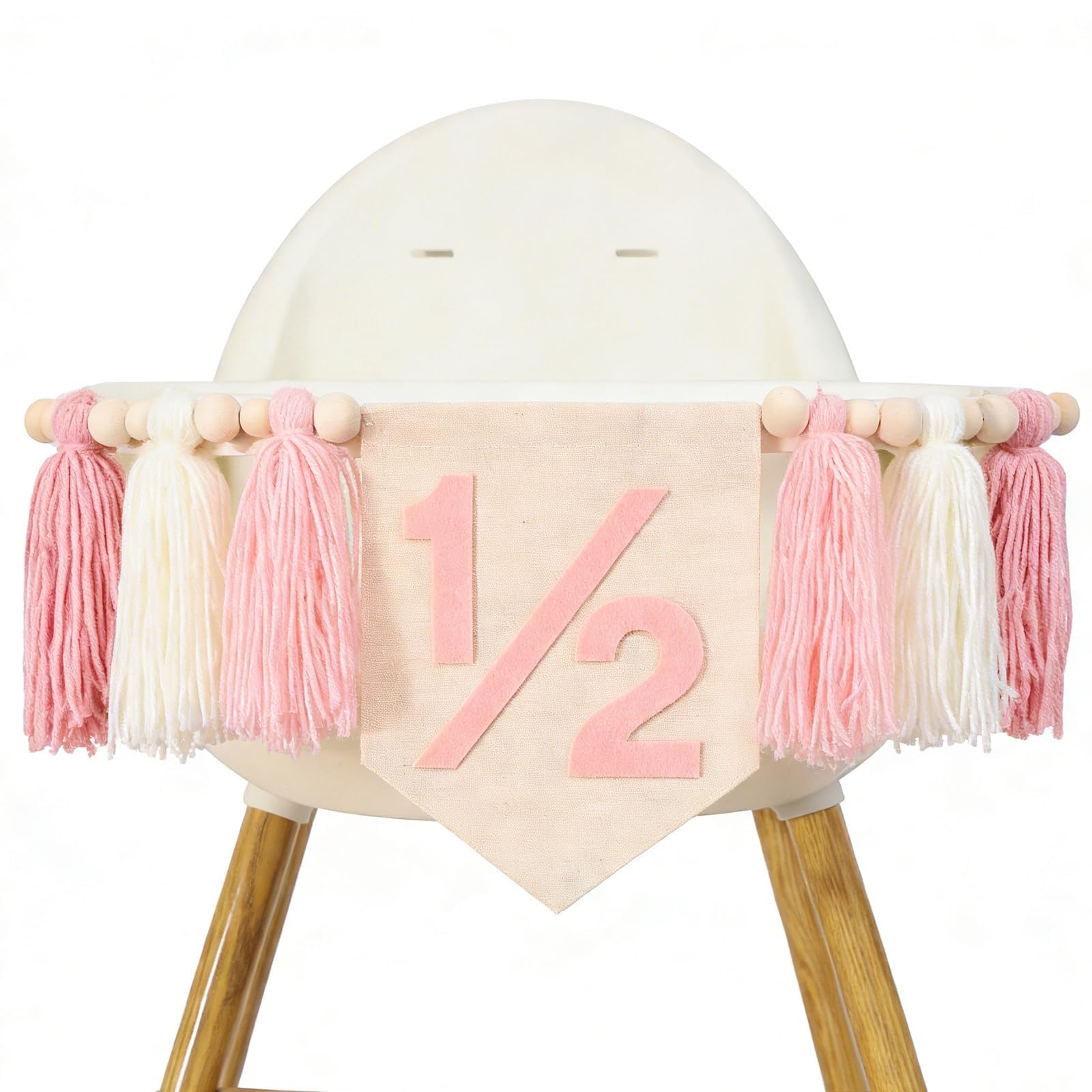 Photo 1 of 1/2 Birthday Girl Decorations Banner, Pink High Chair Garland for Halfway To One Baby Girl Half Birthday Banner Decor, Boho Tassel Wood Bead Garland for 6 Months Birthday Girl Party