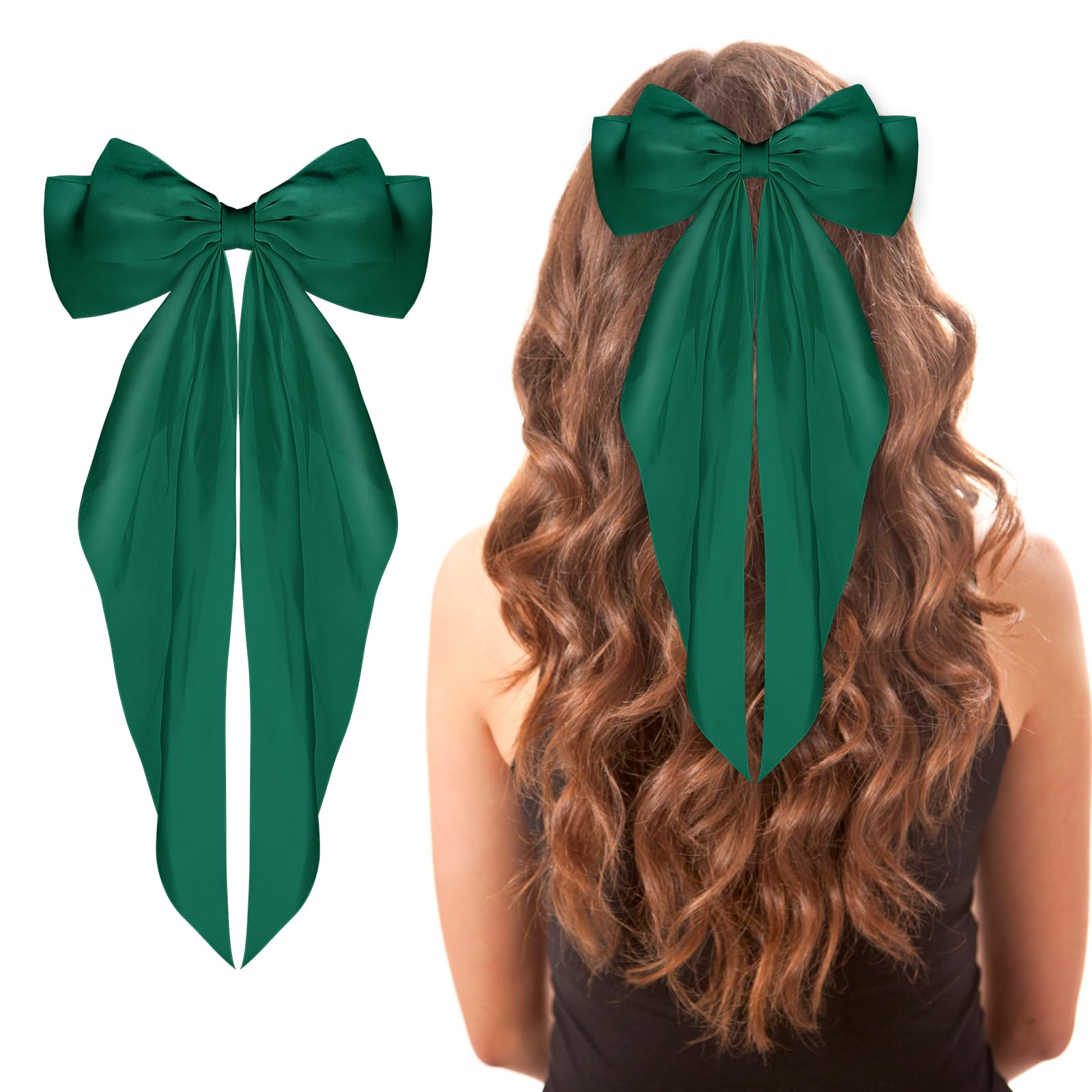 WLLHYF Big Bow Barrettes Long Tail French Ribbon Hair Pins Soft Silky Satin Hair Clip Metal Bowknot Clips 90's Accessories for Party Valentine's Day Women Girl (Green) — image 1