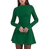 YMDUCH Women's Sexy Long Flare Sleeve Boat Neck A-Line Casual Mini Party Club Dress