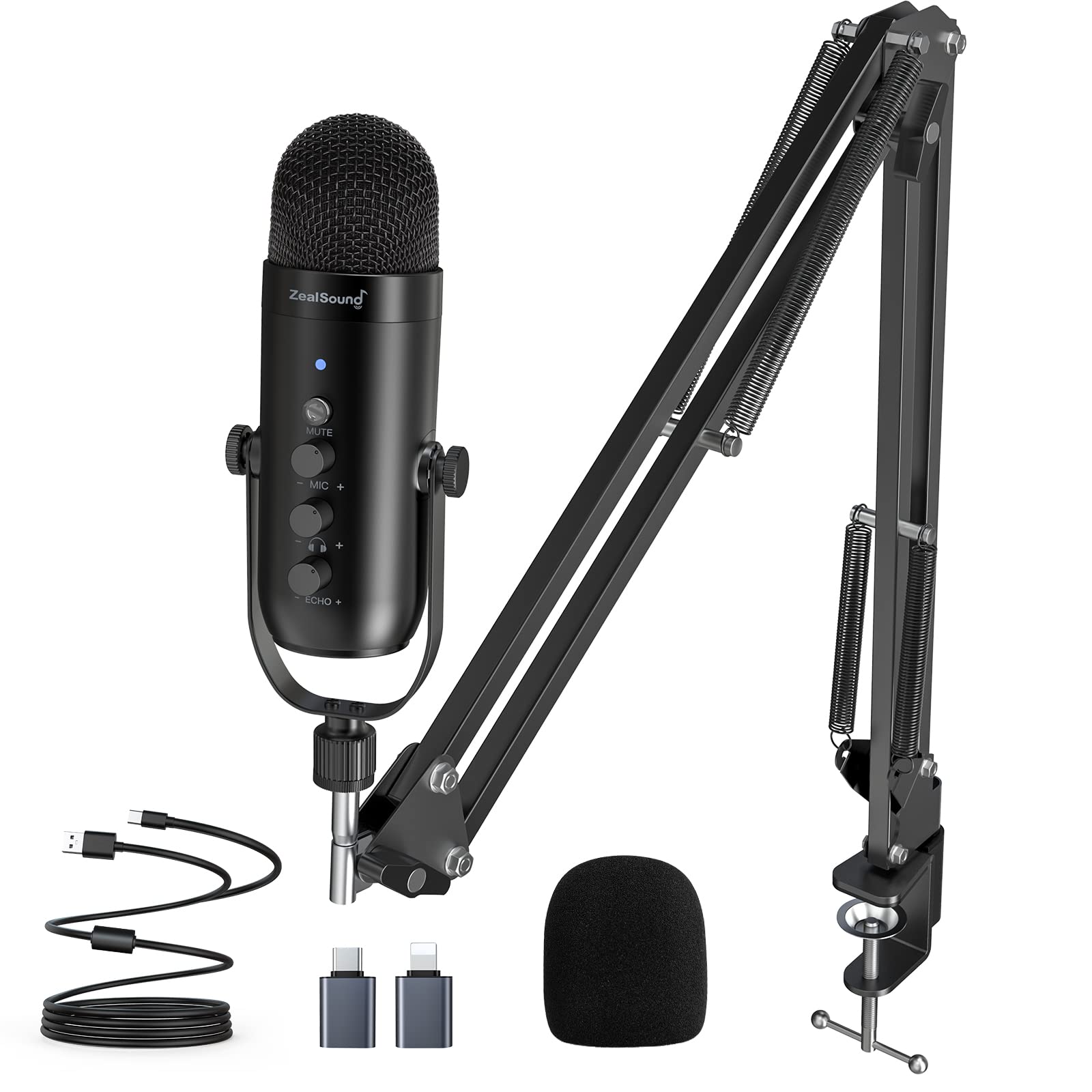 zealsound USB Podcast Microphone Set with Arm for PC, Phone, Mac, with Noise Cancellation & Quick Mute, Realtime Monitor, Echo for Singing, Streaming, Podcasts, Youtuber, Gaming on Windows, Mac