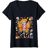 Womens Day of the Dead Sugar Skull Skeleton Butterfly Halloween V-Neck T-Shirt